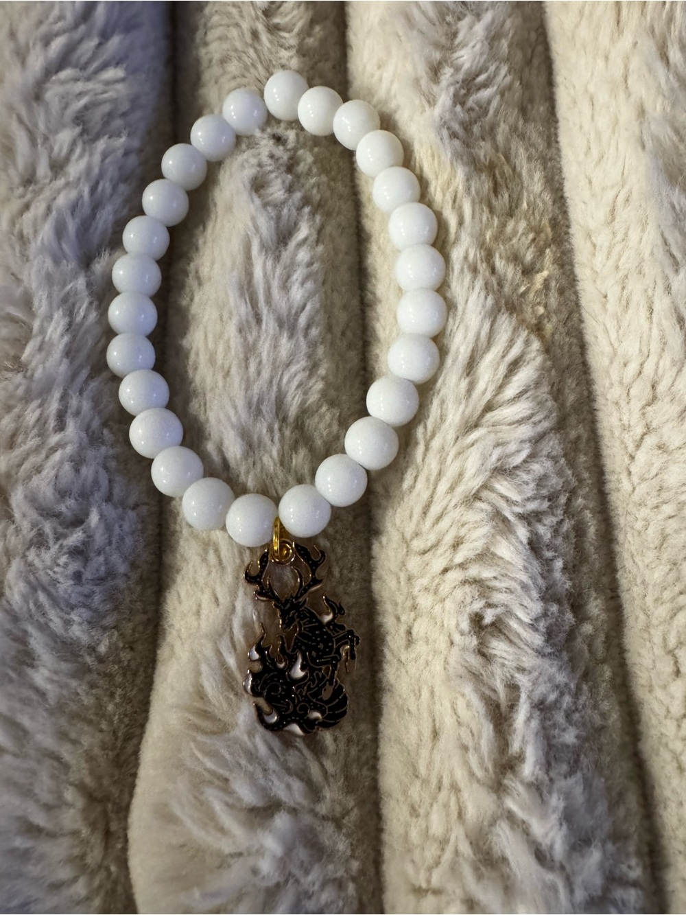 White Beaded Bracelet with Gold Dragon Charm - Women Jewelry